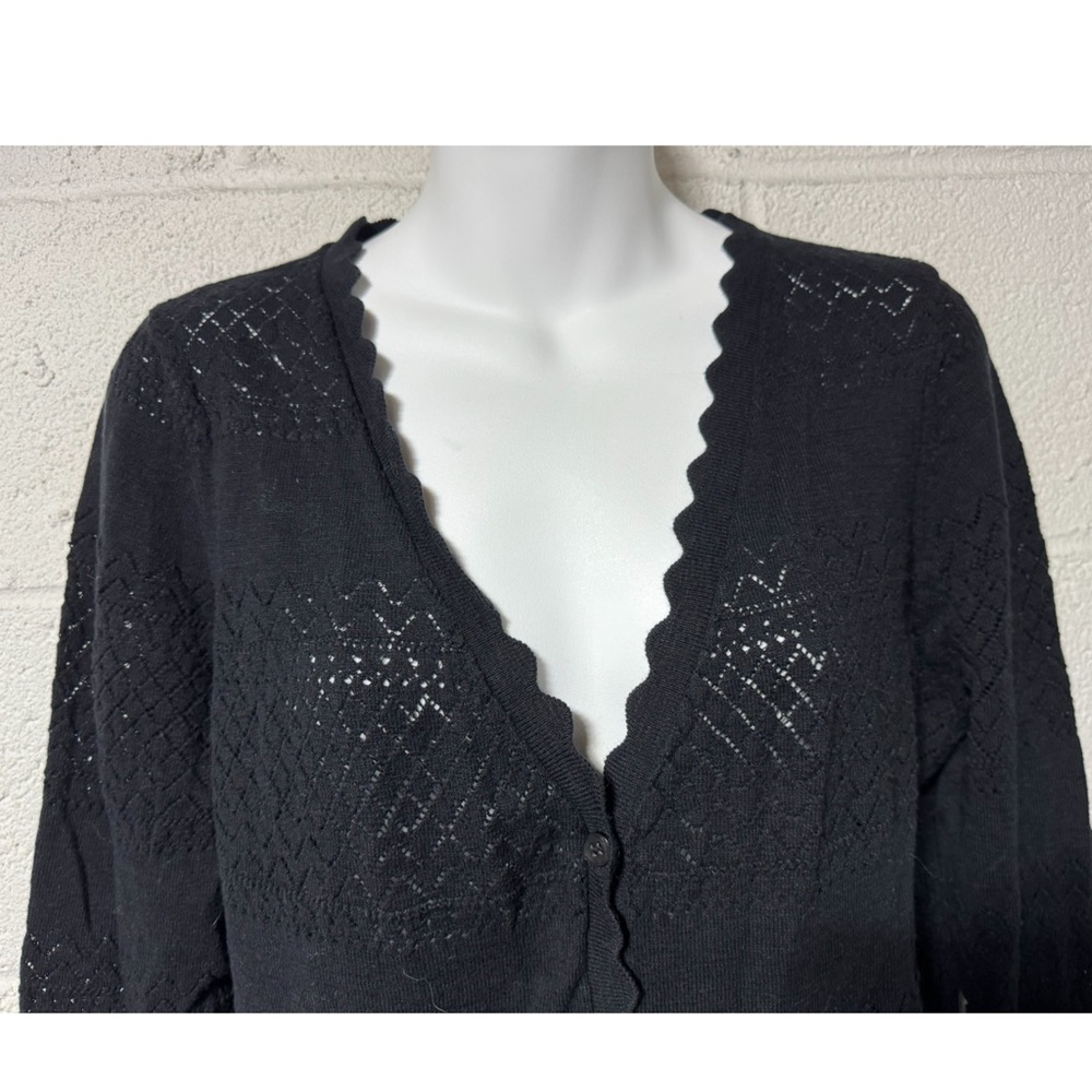 Frye Black Pointelle Open Knit Cotton Cardigan Sweater L Scalloped Edge - Picture 2 of 8